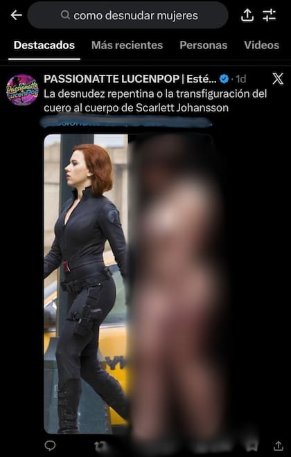 Una cuenta de X promociona un sitio de creación de deepfakes porno con una imagen generada artificialmente de la actriz Scarlett Johanson; la publicación se encuentra fácilmente con una búsqueda de palabras clave
