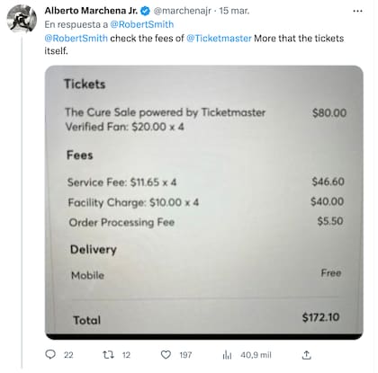 Una de las capturas de pantalla que compartieron los fanáticos sobre el precio de las entradas para The Cure en EE.UU.