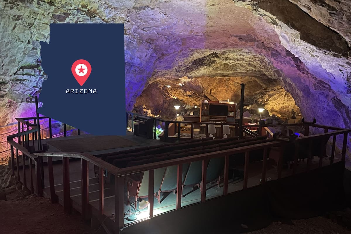Una de las cavernas más grandes de Arizona se convirtió en restaurante y hotel subterráneos (Facebook/Grand Canyon Caverns & Resort-Mapa/sketchify)