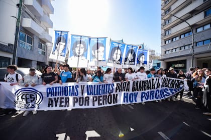Una de las columnas de la marcha en La Plata, con una consigna favorable a Cristina Kirchner
