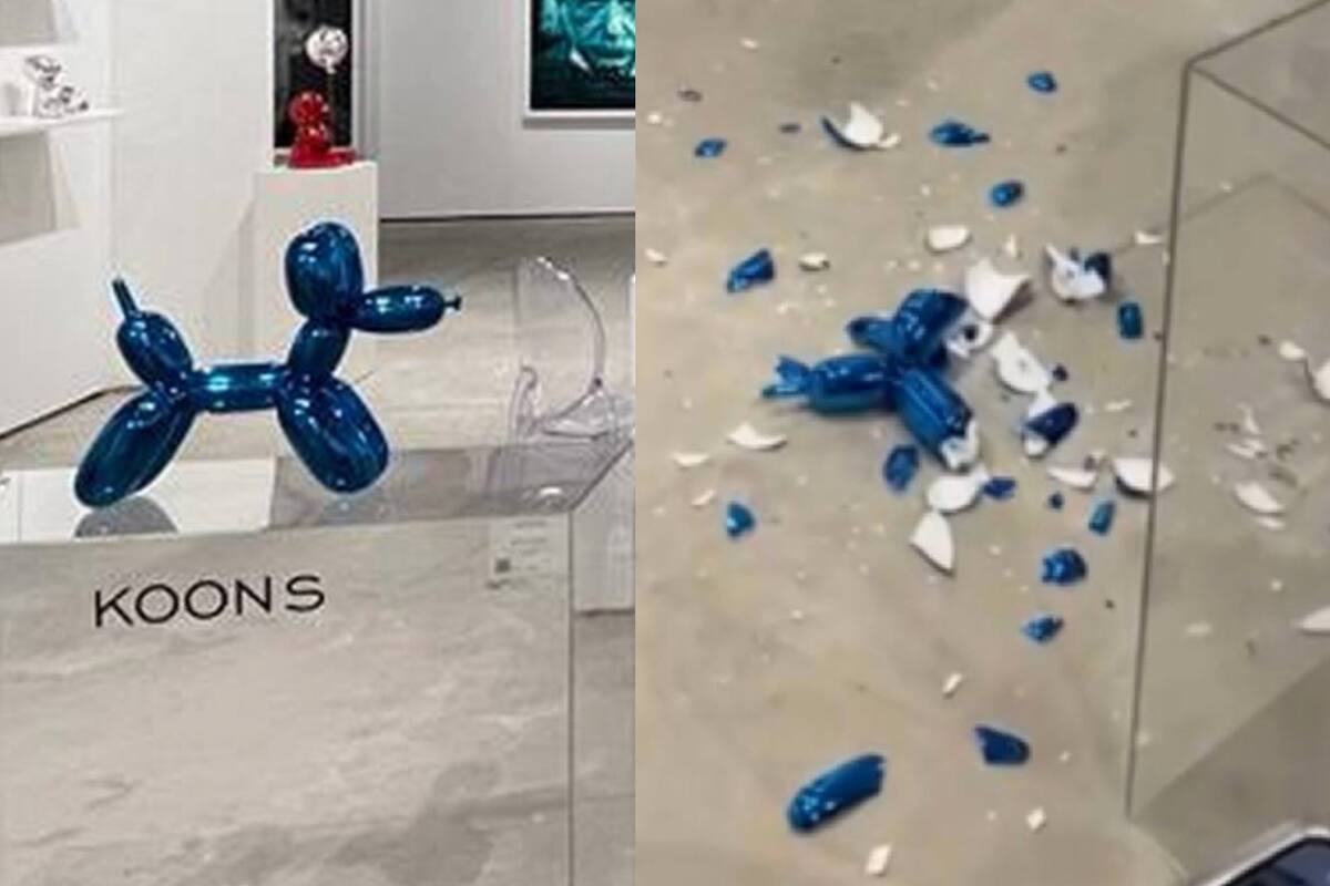 Una de las famosas esculturas de perro globo de Jeff Koons se hizo añicos durante un evento de arte en Miami, esta semana