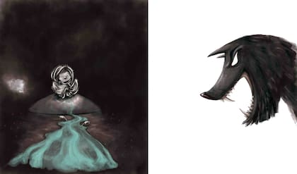 Una de las ilustraciones de Caru muestra a la pequeña protagonista de Sola en el Bosque indefensa frente a ese "lobo" que aparece cuando nadie más queda en la casa
