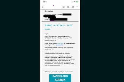 Una de las imágenes de la aplicación de vacunación que desarrolló la administración de Axel Kicillof donde se ve la suspensión de turnos para esta semana