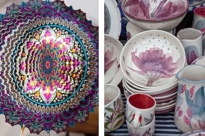 Una de las mandalas de viento de QQ Positivo, firma que crea objetos artísticos con sentido, para conectarse con lo esencial. A la derecha, algunas de las piezas de cerámica pintadas de Benteveo, ideales para completar la vajilla e ir preparándose para las mesas de fiestas y asados de verano.
