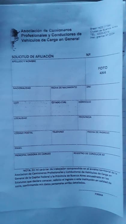 Una de las planillas que entregó el gremio