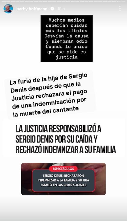 Una de las publicaciones de Bárbara Hoffman tras las repercusiones de la decisión de la Justicia tucumana, que responsabilizó a Sergio Denis por la caída que provocó su propia muerte