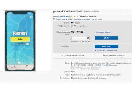 Una de las publicaciones que aparecieron en eBay, que subasta un iPhone XR con el videojuego de Epic Games instalado en el teléfono