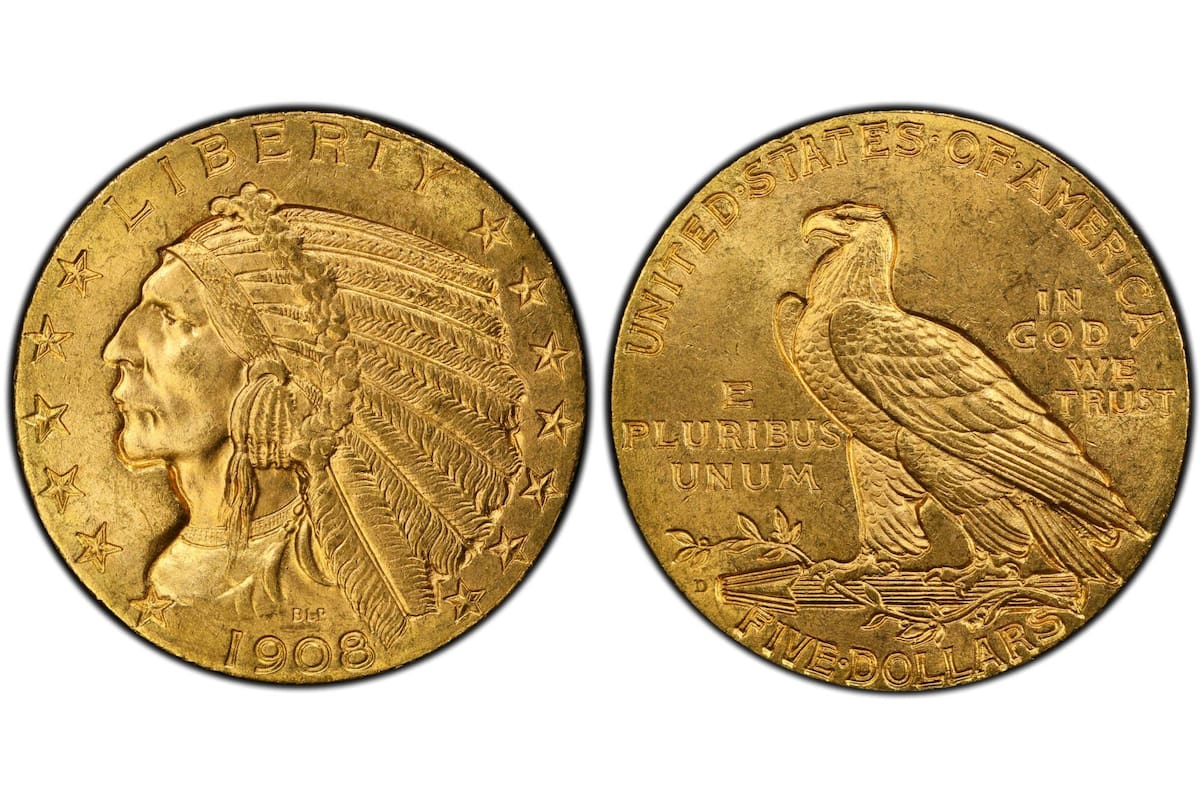 Una edición de 1908 acuñada en Denver de la moneda Indian Head de 5 dólares se encuentra entre las piezas más buscadas de la numismática de Estados Unidos