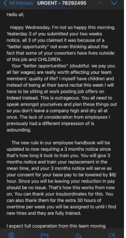 Una empleada, cuya identidad no reveló, publicó el mail de su jefe en una reconocido sitio web de marcadores sociales. Captura: Reddit.