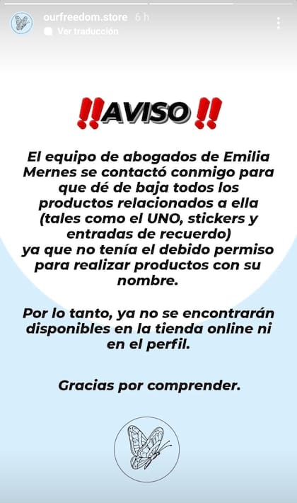Una emprendedora compartió un comunicado, luego de que los abogados de Emilia Mernes se contactaran con ella