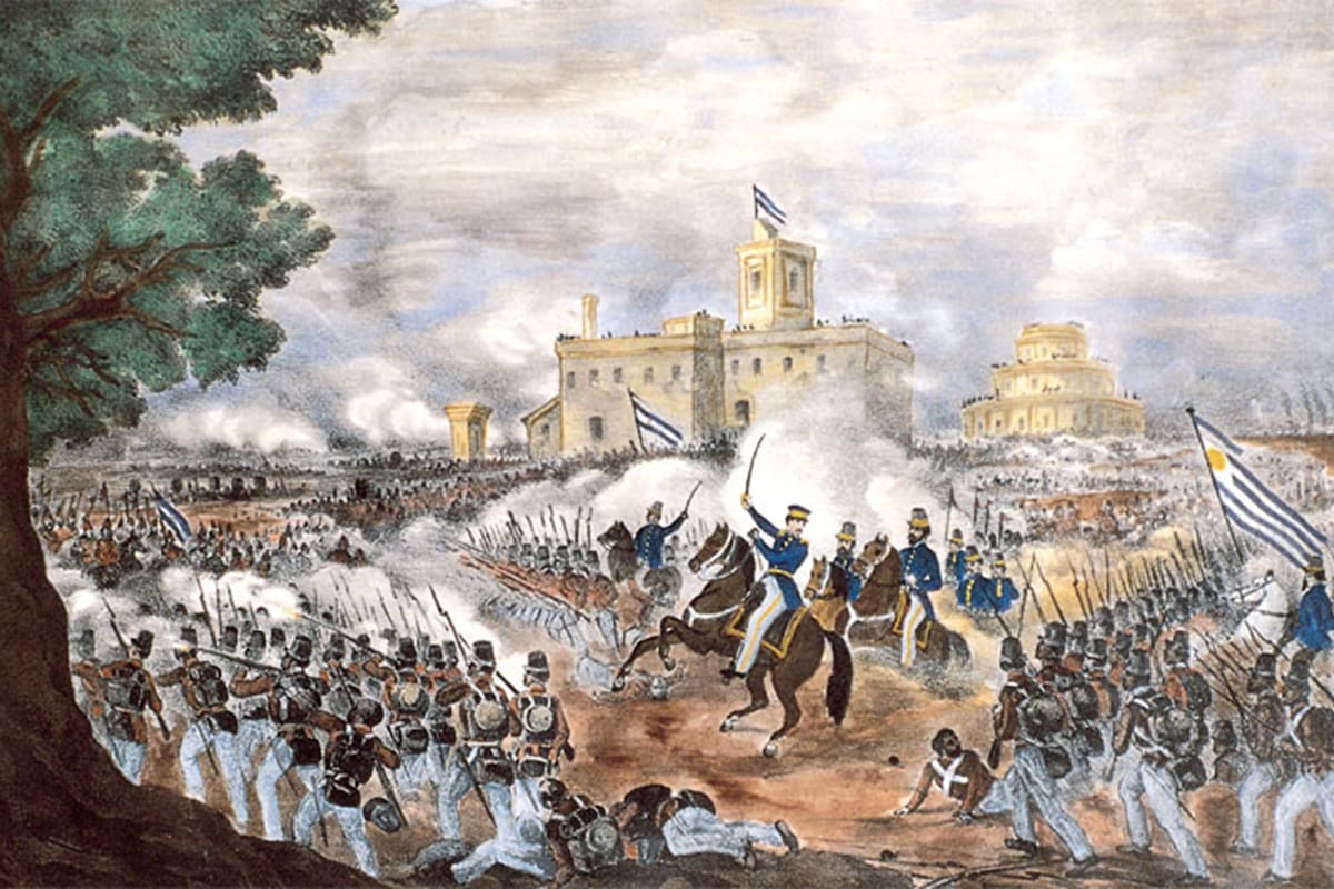 Una escena de la batalla de Caseros, en una litografía del artista italiano Carlos Penutti