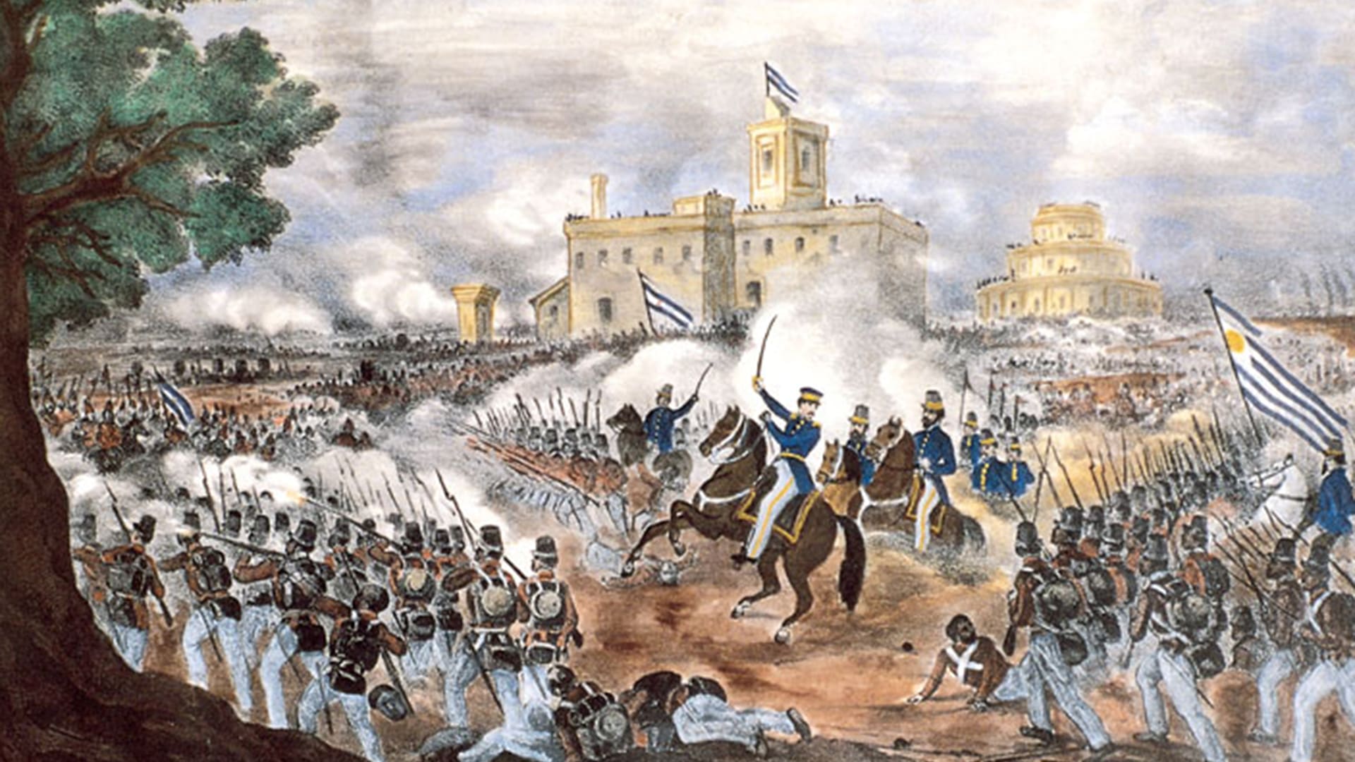 Una escena de la batalla de Caseros, en una litografía del artista italiano Carlos Penutti