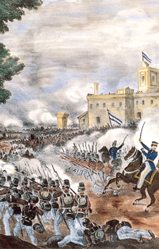 Una escena de la batalla de Caseros, en una litografía del artista italiano Carlos Penutti