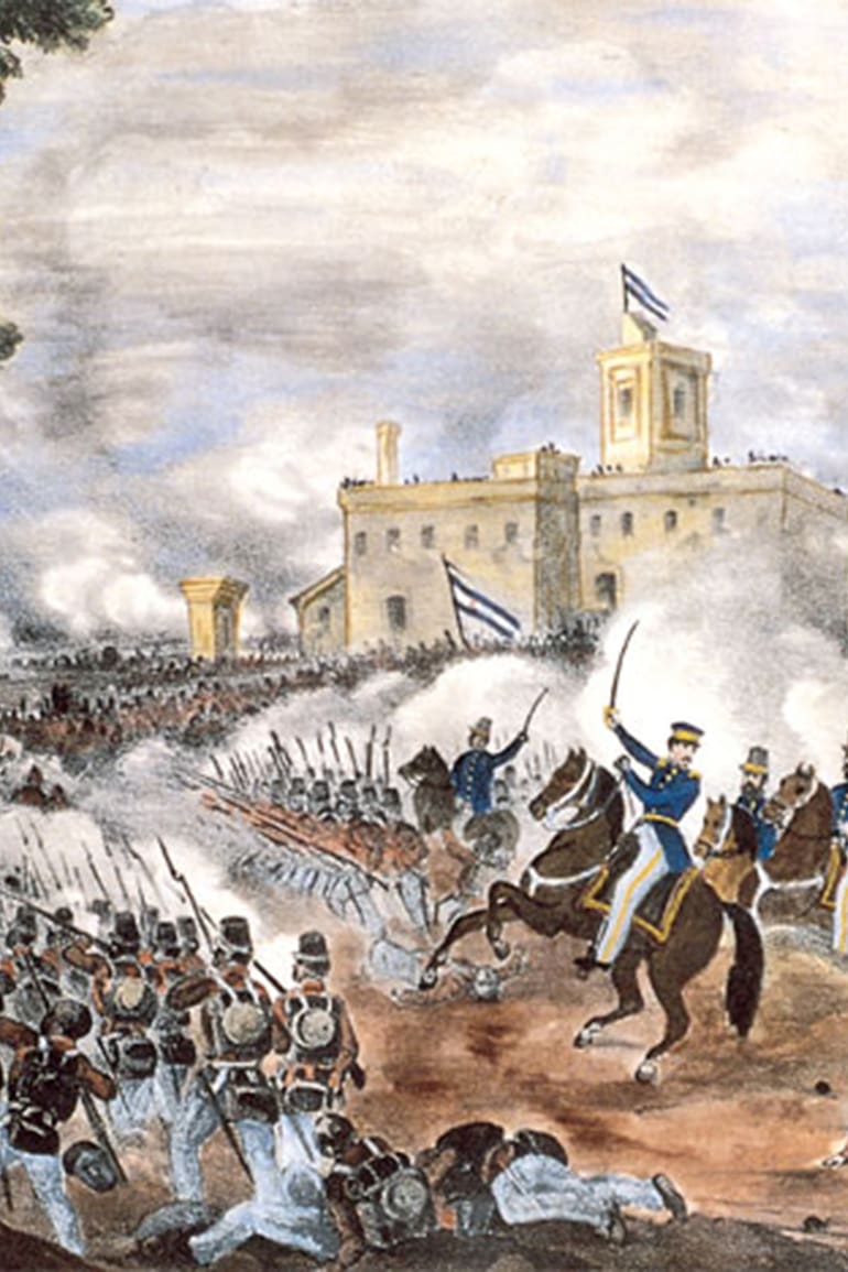 Una escena de la batalla de Caseros, en una litografía del artista italiano Carlos Penutti