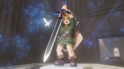 Una escena de Ocarina of Time, con el héroe Link con la Espada Maestra