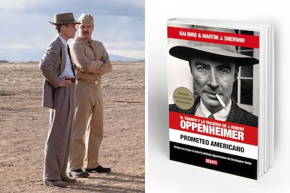Una escena de "Oppenheimer" y la portada del libro de Kai Bird y Martin J. Sherwin (Debate, $41.999)