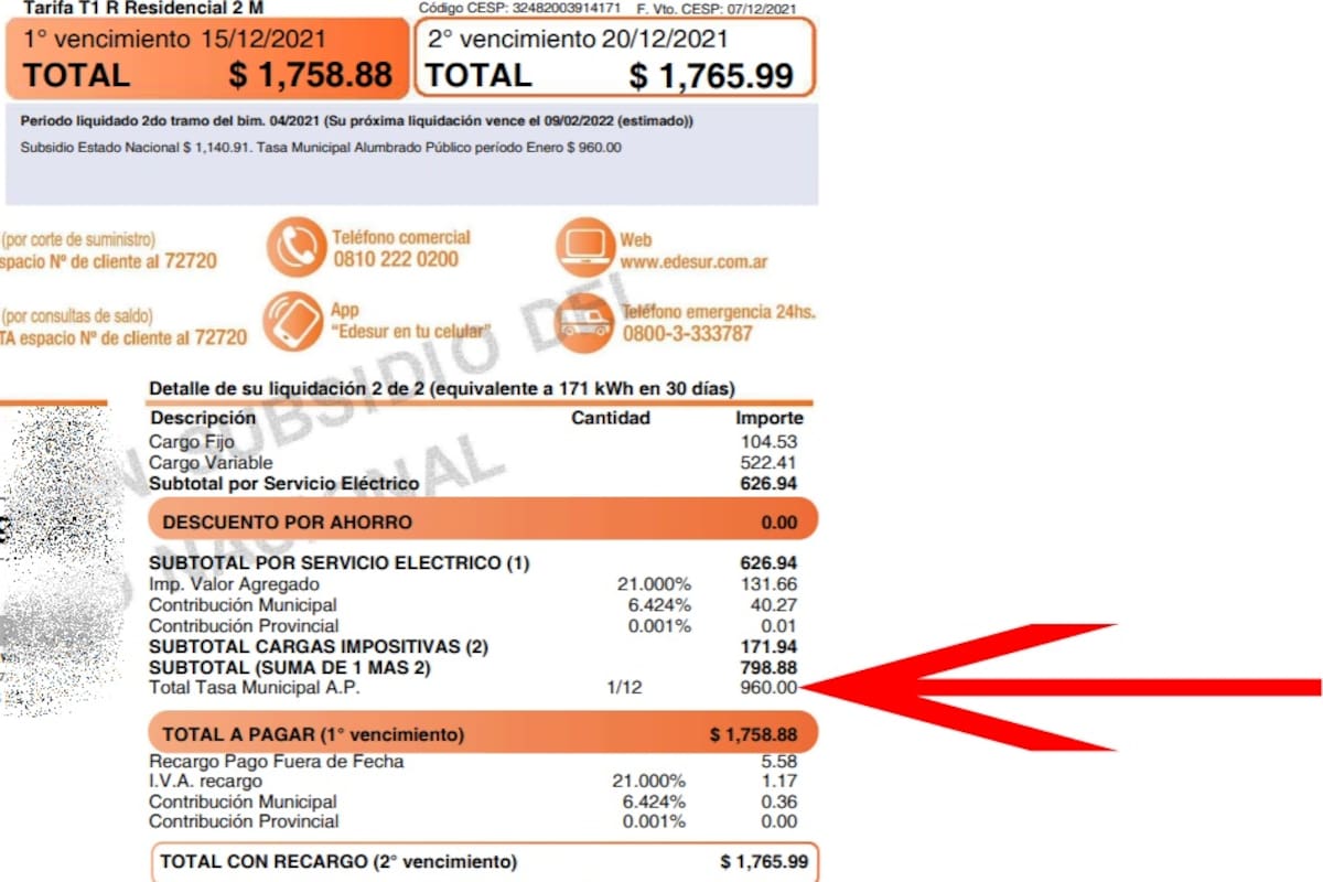 Una factura de luz, de un usuario en Avellaneda.