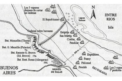 Una flota anglofrancesa compuesta por 11 barcos de guerra y 100 barcos mercantes" ingresó al Paraná y fue interceptada por las tropas confederadas a la altura de la Vuelta de Obligado, a 18 kilómetros de San Pedro