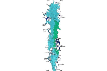 La imagen muestra las principales cuencas del campo, la segunda área congelada más grande del hemisferio sur después de la Antártica.