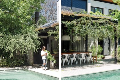 Una galería con parrilla permite disfrutar del aire libre y la nueva pileta. El techo verde sobre la pérgola es la vista de la suite de planta alta.