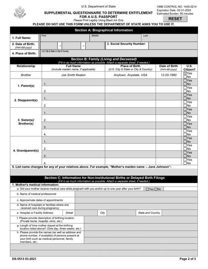 Una hoja del cuestionario que está proponiendo el Departamento de Estado para emitir pasaportes