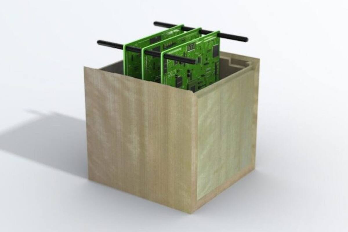 Una ilustración de cómo podría verse LignoSat, un satélite fabricado en madera