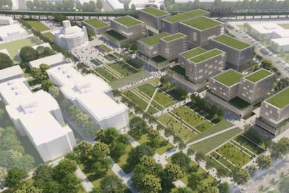 Una ilustración de cómo quedaría representado el proyecto ganador, con el Pabellón del Centenario incorporado al espacio público en la traza verde del centro de la imagen