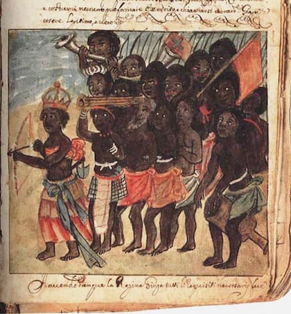 Una ilustración de la reina Nzinga en su rol de líder militar encontrada en la colección de la Biblioteca Universitaria Estense de Módena, Italia.