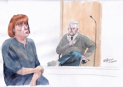 Una ilustración elaborada por Valentin Pasquier durante el juicio muestra a Gisele Pelicot y al acusado, Dominique Pelicot, en los tribunales de Avignon