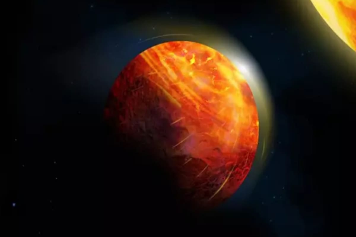 Una ilustración realizada por los científicos del estudio que muestra la posición del planeta de lava K2-141b. En el centro de la gran región iluminada hay un océano de piedras fundidas cubierto por una atmósfera de vapor de roca