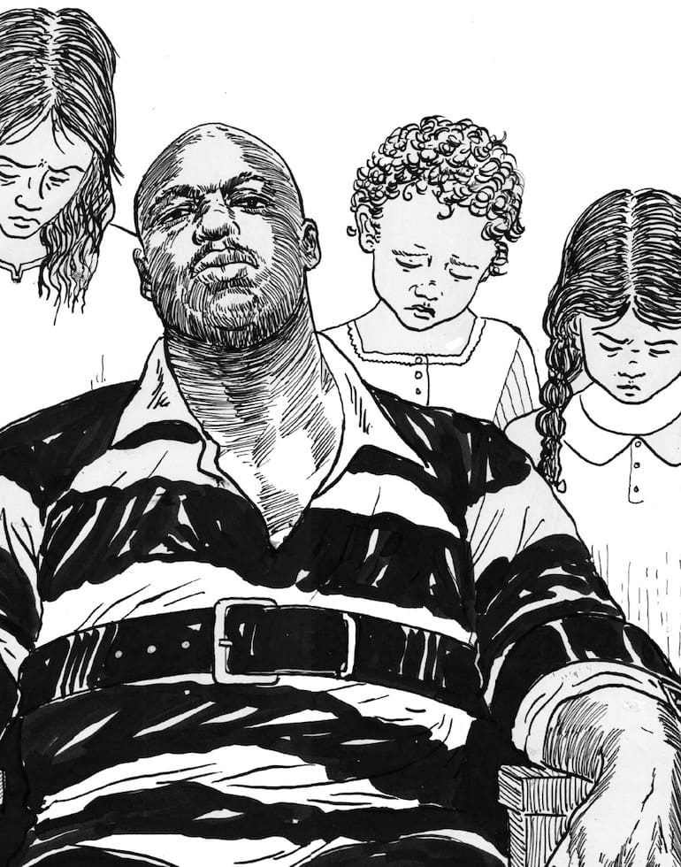 Una ilustración representa a Jeremy Williams en el corredor de la muerte, rodeado por algunas de las víctimas vinculadas a su historial de abusos y crímenes contra niños