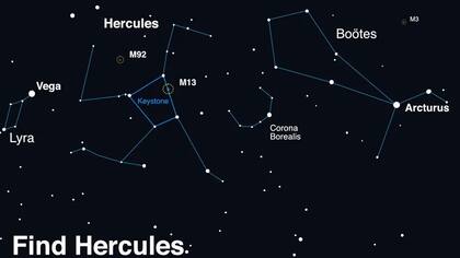 Una imagen conceptual de cómo encontrar a Hércules y la “Corona Boreal”, donde sucederá el evento astronómico, en el cielo nocturno, creada con software planetario de la NASA
