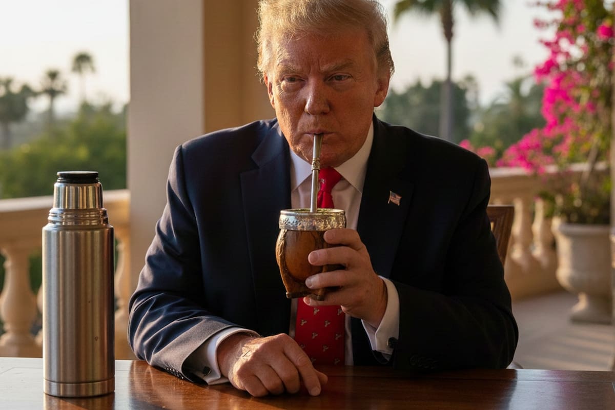 Una imagen creada con Gemini que muestra a Donald Trump tomando mate; todos los elementos de la foto fueron creados con inteligencia artificial