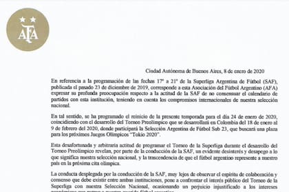 Una imagen del comunicado público de la AFA