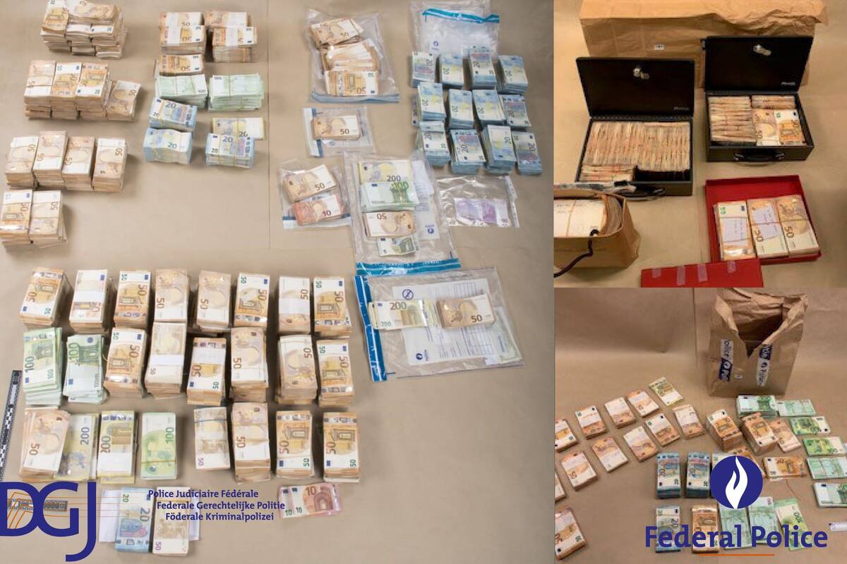 Una imagen facilitada por la Policía Judicial Federal de Bélgica el 14 de diciembre de 2022, muestra una combinación de imágenes en las que aparecen varios cientos de miles de euros encontrados en una habitación de hotel.