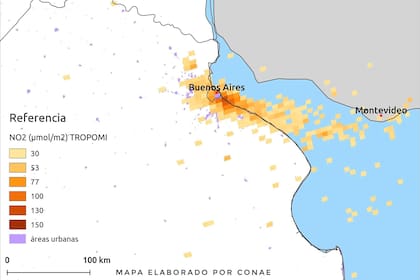 Una imagen muestra el desplazamiento del dióxido de nitrógeno (un indicador de contaminación ambiental) sobre Buenos Aires; el mapa se hizo a partir de datos del satélite europeo Sentinel-5P; los datos son del 20 de marzo de 2020