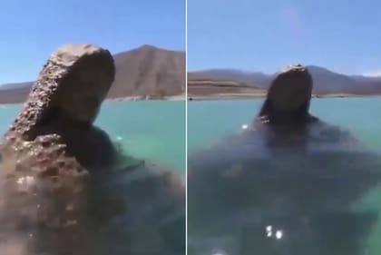Una imagen que suele permanecer a unos 20 metros bajo el agua quedó visible en el dique Potrerillos debido a la bajante del embalse