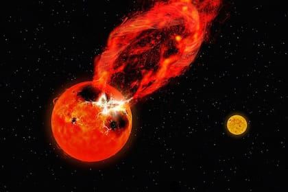 Una impresión artística de la superllamarada observada en una de las estrellas del sistema estelar binario V1355 Orionis.