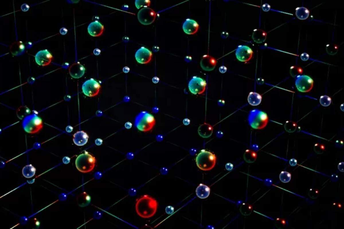 Una interpretación artística de las complejas correlaciones magnéticas observadas por los científicos en su experimento pionero. Los diferentes colores representan los seis posibles estados internos de los átomos de iterbio
