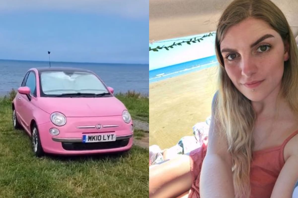 Una joven remodeló su pequeño Fiat 500 rosa para usarlo como casa rodante y salir de campamento