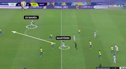 Una jugada en el arranque: Lautaro Martínez busca con un pase largo a Di María; no fue algo casual
