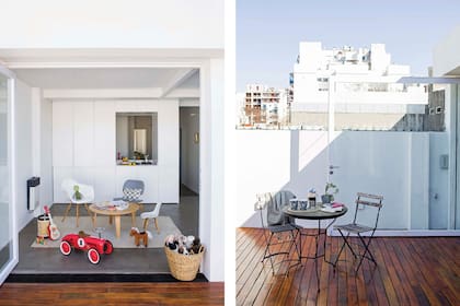 Alfombra (Elementos Argentinos). Silla ‘Plywood’ y otra con funda (Newton). Sillón ‘Daw’ blanco con patas de madera (Decodesign).
