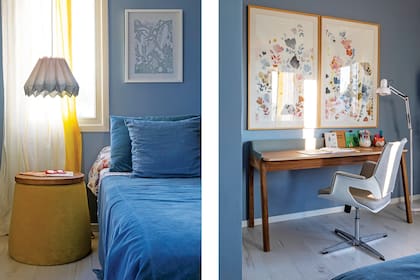 Una lámpara plisada (Issei Buenos Aires) pende sobre el puff ‘Cónico’ tapizado (Cari Ríos). Al lado, la cama (Springwall) con cover azul (todo, Casa Almacén) profundiza el lavanda de la pared (0624, Sinteplast).