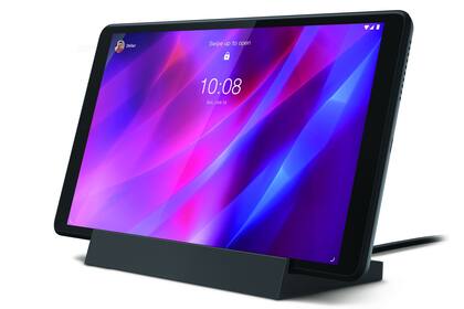 Una Lenovo Tab M8 de 3ra generación, con la base que permite usarla como un dispositivo de Google Home