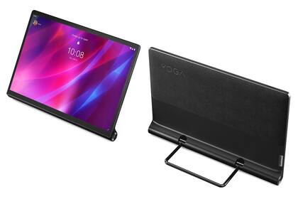 Una Lenovo Yoga Tab 13 con el pie que también permite colgar el equipo