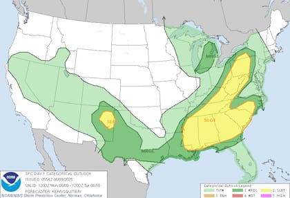 Una línea de tormentas severas afectará zonas desde Louisiana hasta el oeste de Nueva York, con riesgo de vientos fuertes, granizo y posibles tornados, según el Centro de Predicción de Tormentas