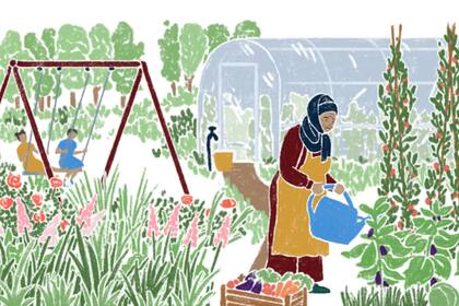Una madre mientras realiza las tareas en la huerta familiar