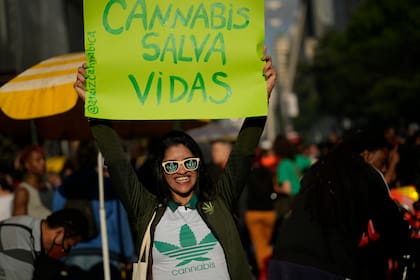 Una manifestante sostiene un letrero durante una protesta para exigir la legalización de la marihuana, en Sao Paulo, Brasil, el sábado 11 de junio de 2022. (AP Foto/Andre Penner)