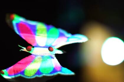 Una mariposa generada a partir del movimiento veloz de una partícula en el aire, controlada por ultrasonido e iluminada por luces para generar una imagen tridimensional con movimiento
