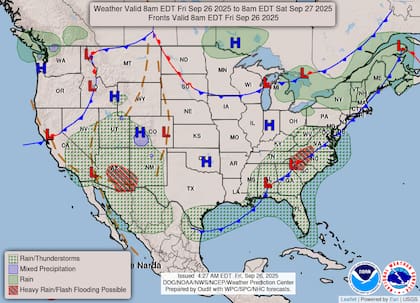 Una masa de aire húmedo asociada a un frente estacionario provocará lluvias intensas y riesgo de inundaciones repentinas desde Virginia hasta Florida